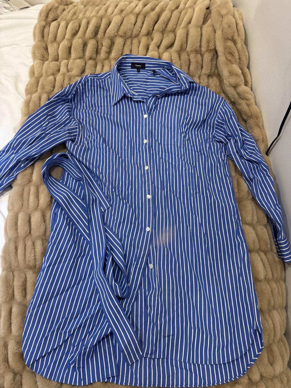 Theory Blue and White Striped Midi Shirt Dress